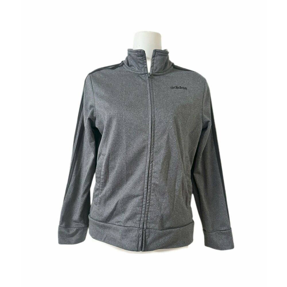 Adidas Boys Track Jacket Zip Up Gray Black Stripes Size 10/12